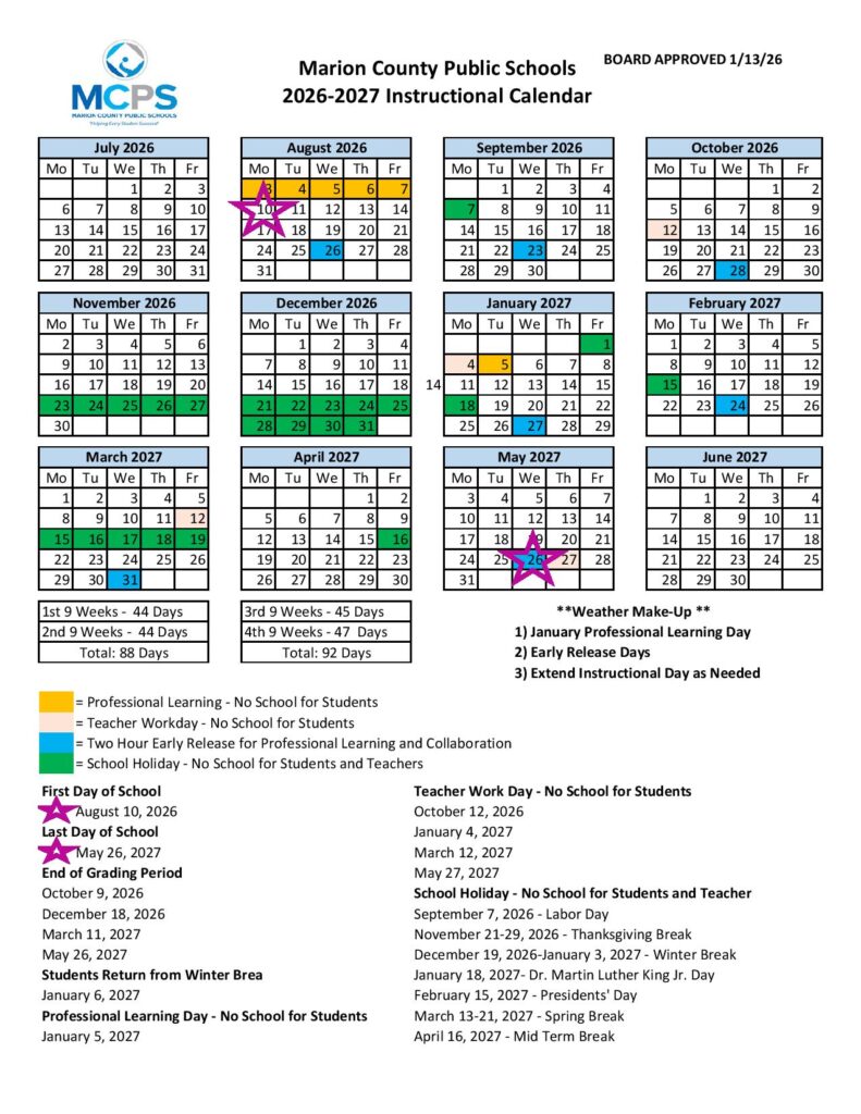 Marion County Public Schools Calendar 2026-2027