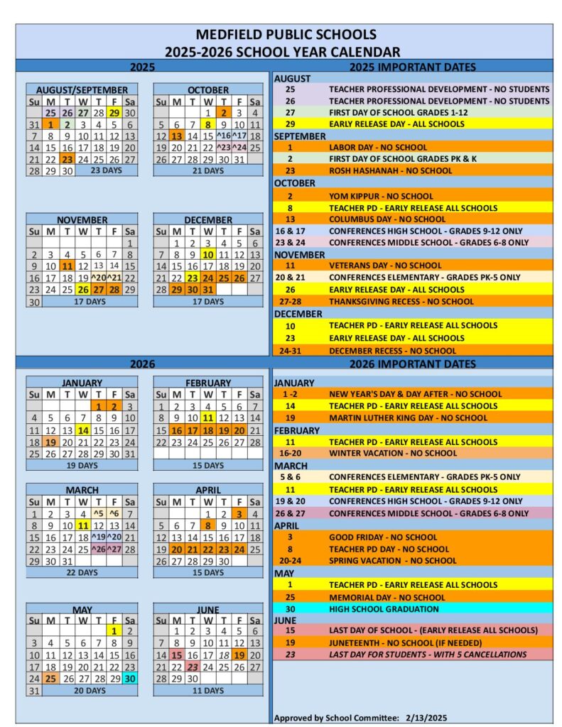Medfield Public Schools Calendar 2025-2026