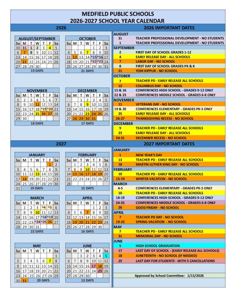 Medfield Public Schools Calendar 2026-2027