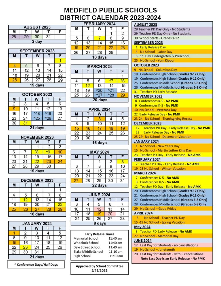 Medfield Public Schools Calendar 20232024 in PDF School Calendar Info