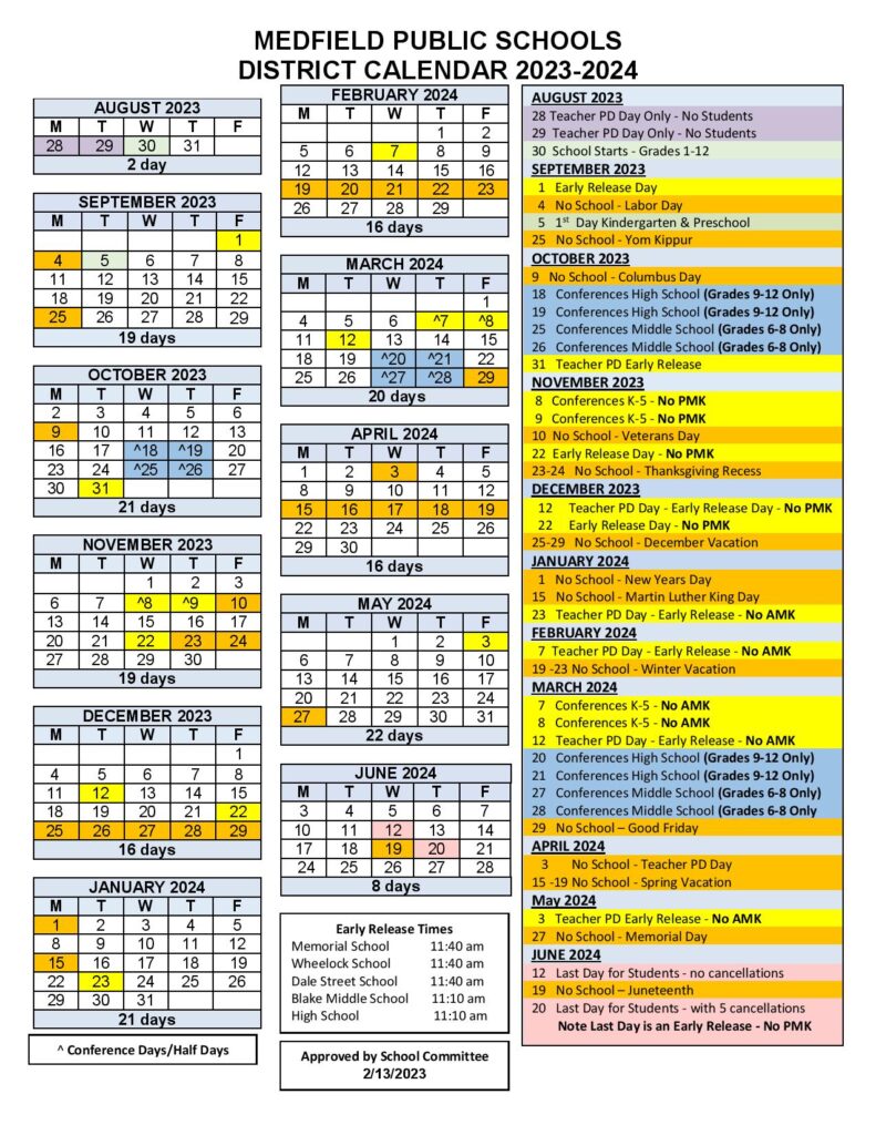 Medfield Public Schools Calendar