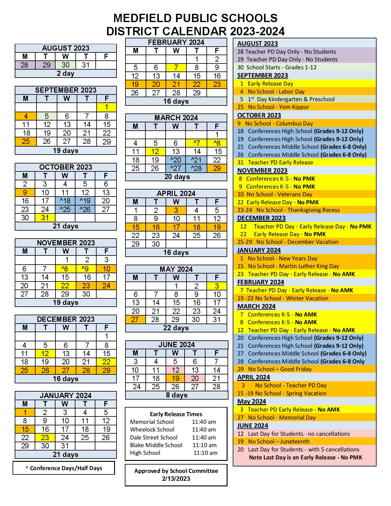 Medfield Public Schools Calendar 20232024 in PDF