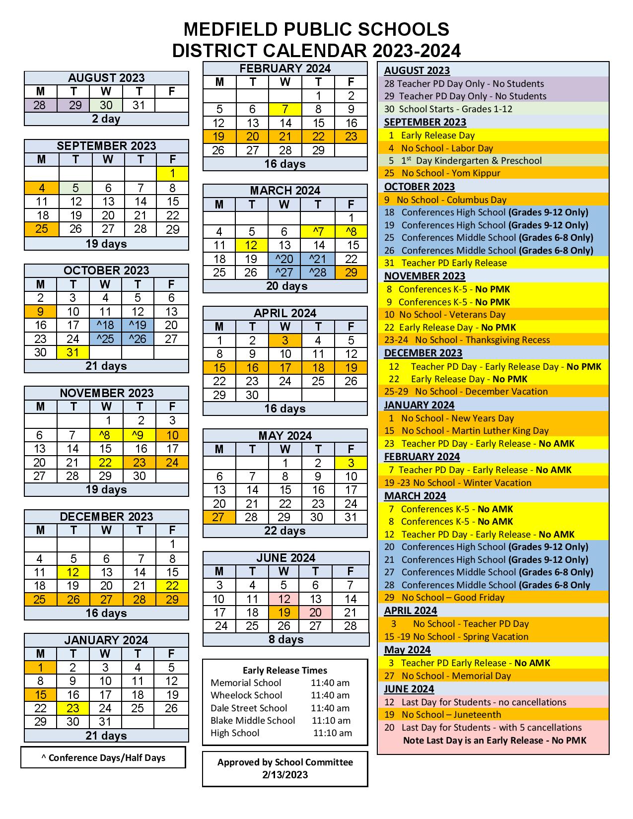 Medfield Public Schools Calendar 2023 2024 In PDF