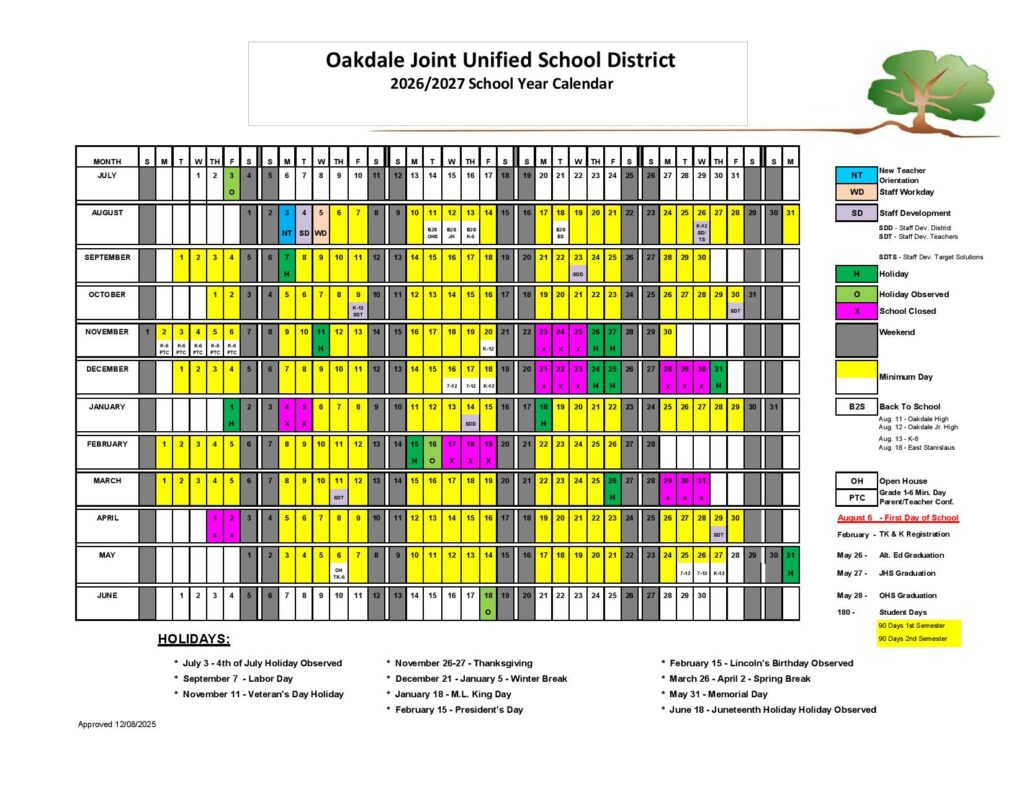Oakdale Joint Unified School District Calendar 2026-2027
