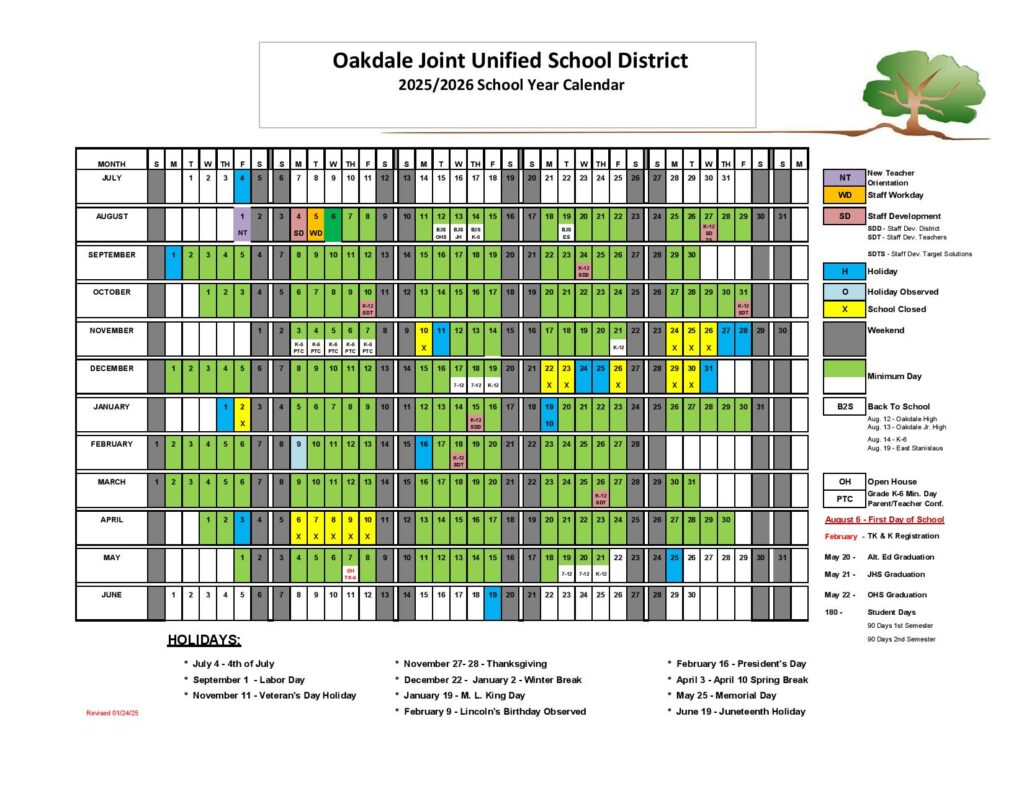 Oakdale Joint Unified School District Calendar 2025-2026