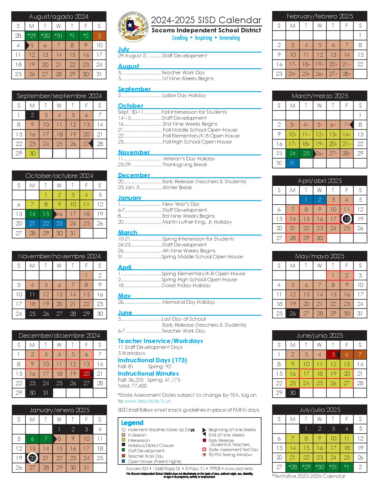 Socorro Independent School District Calendar 20242025