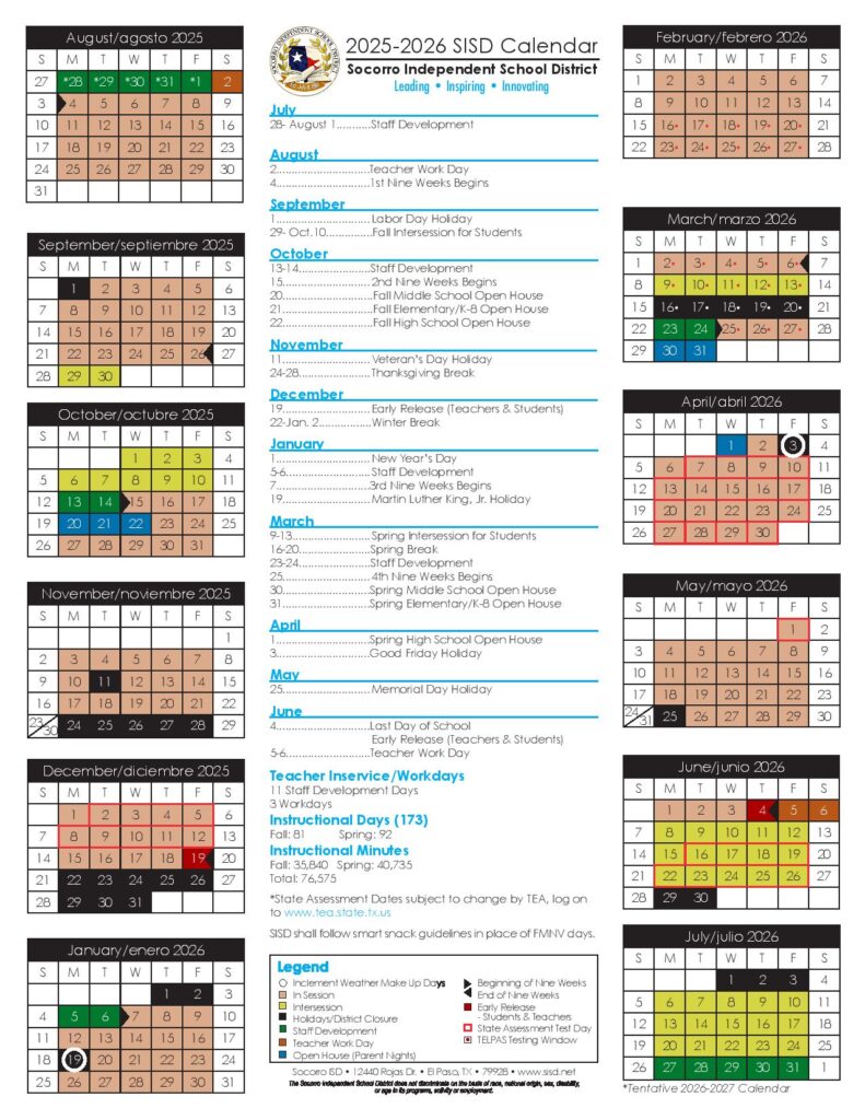 Socorro Independent School District Calendar 2025-2026
