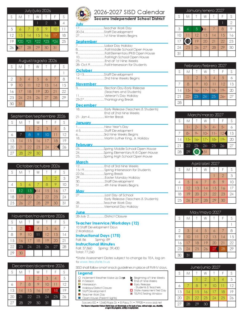 Socorro Independent School District Calendar 2026-2027