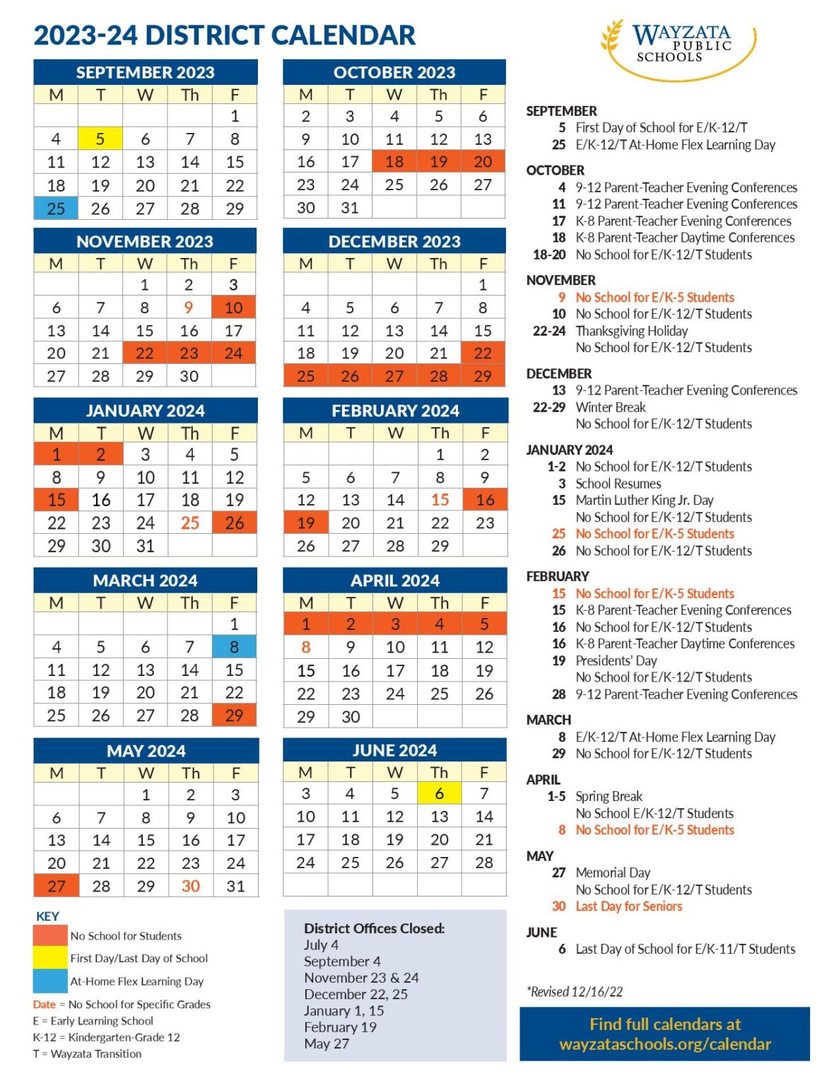 Wayzata Public Schools Calendar 20232024 in PDF