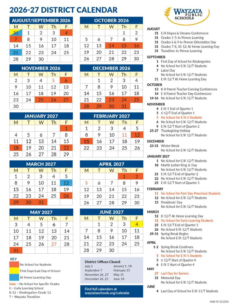 Wayzata Public Schools Calendar 2026-2027