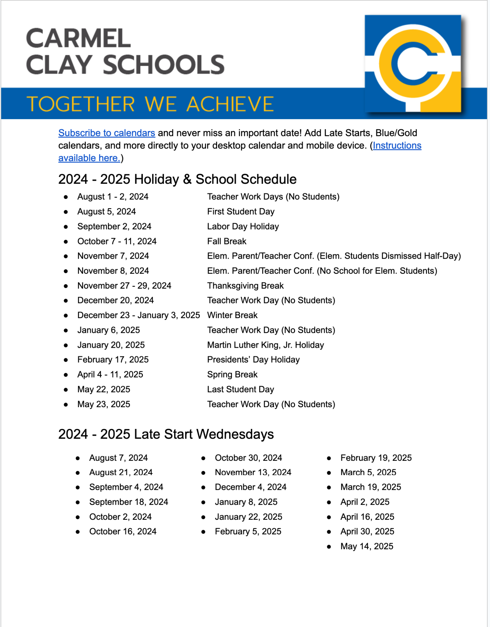 Carmel Clay Schools Calendar 20242025 in PDF