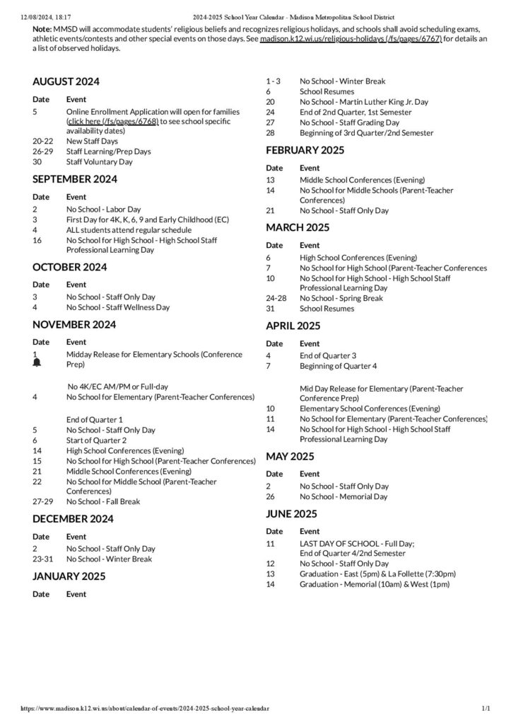 Madison Metropolitan School District Calendar