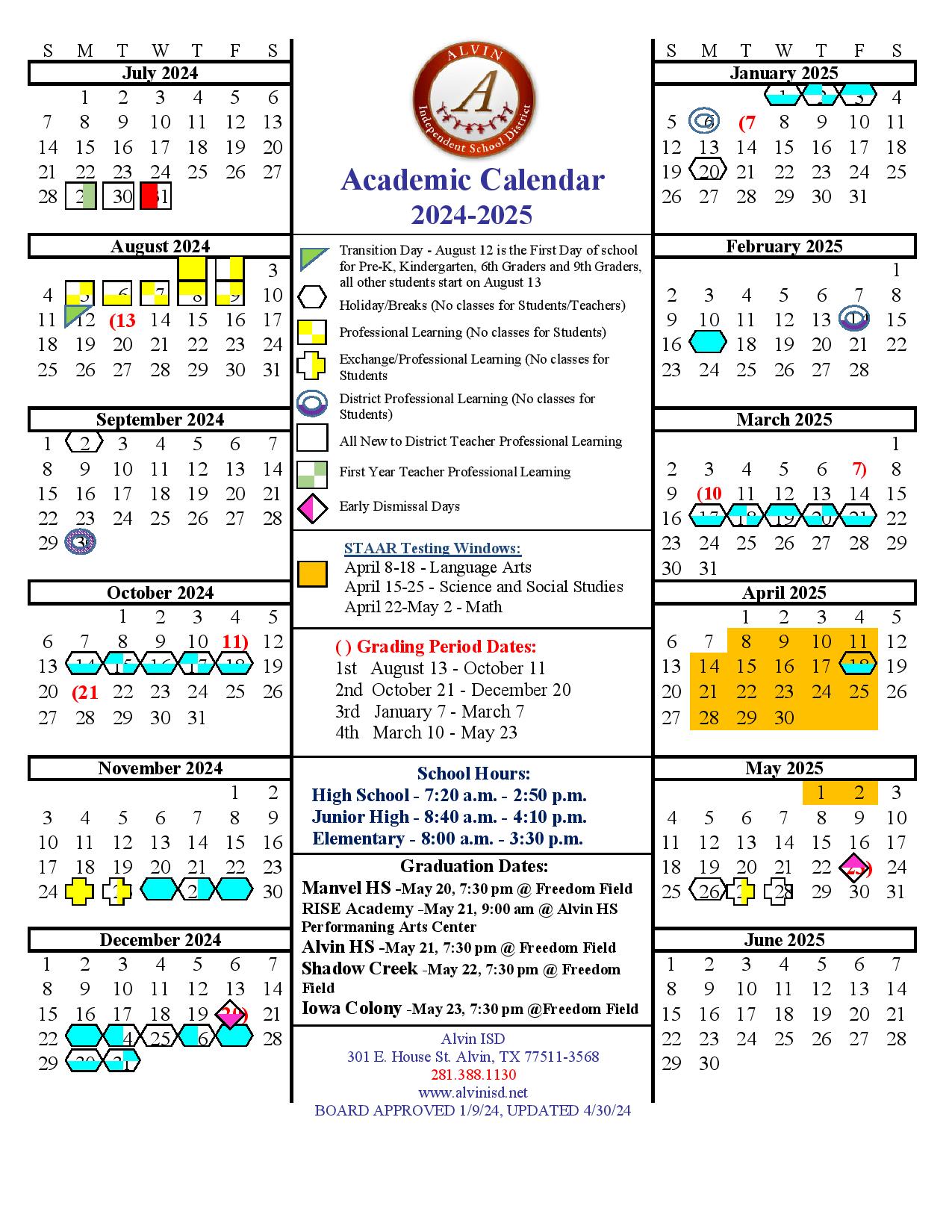 Alvin Independent School District Calendar 20242025 in PDF