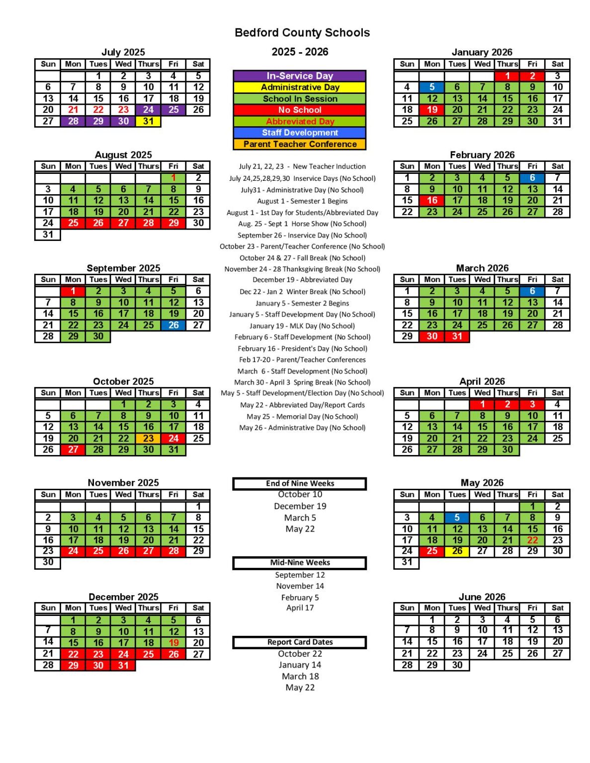 Bedford County Schools Calendar 2025 2026 in PDF School Calendar Info