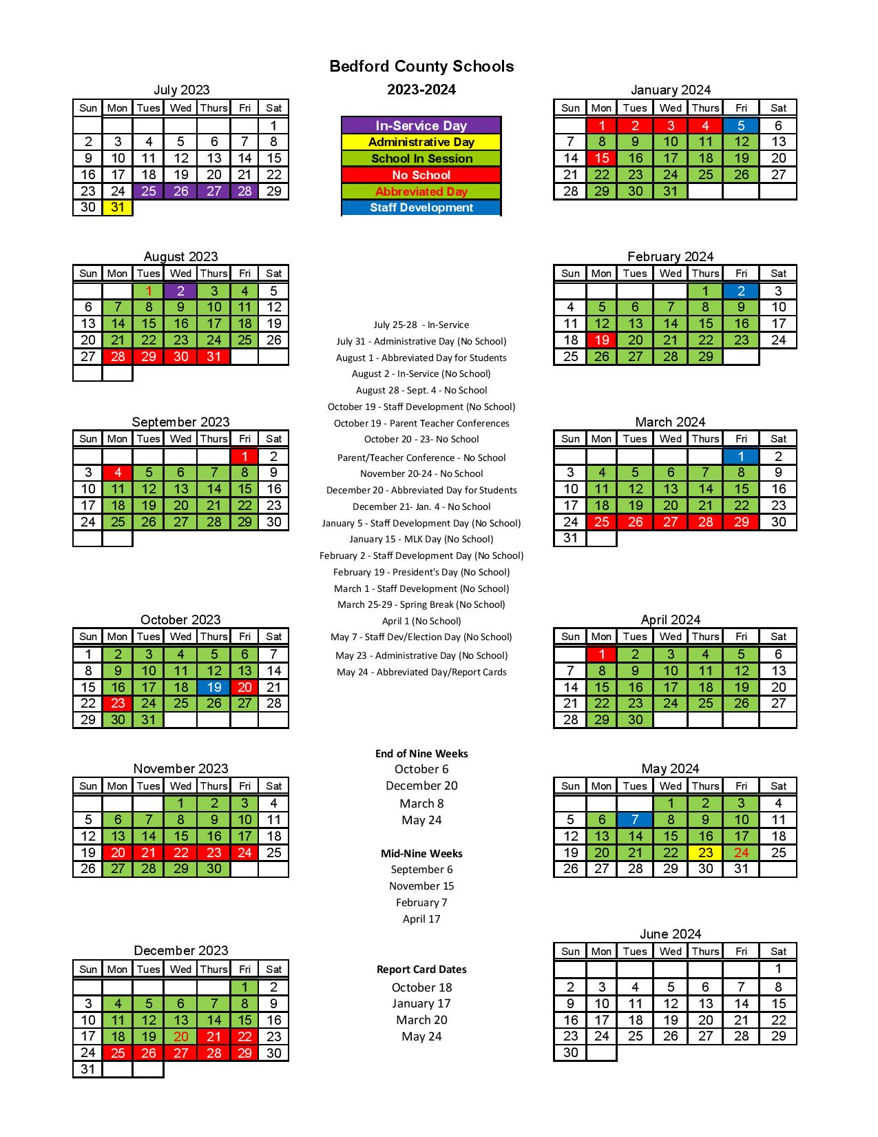 Bedford County Schools Calendar 2023 2024 in PDF