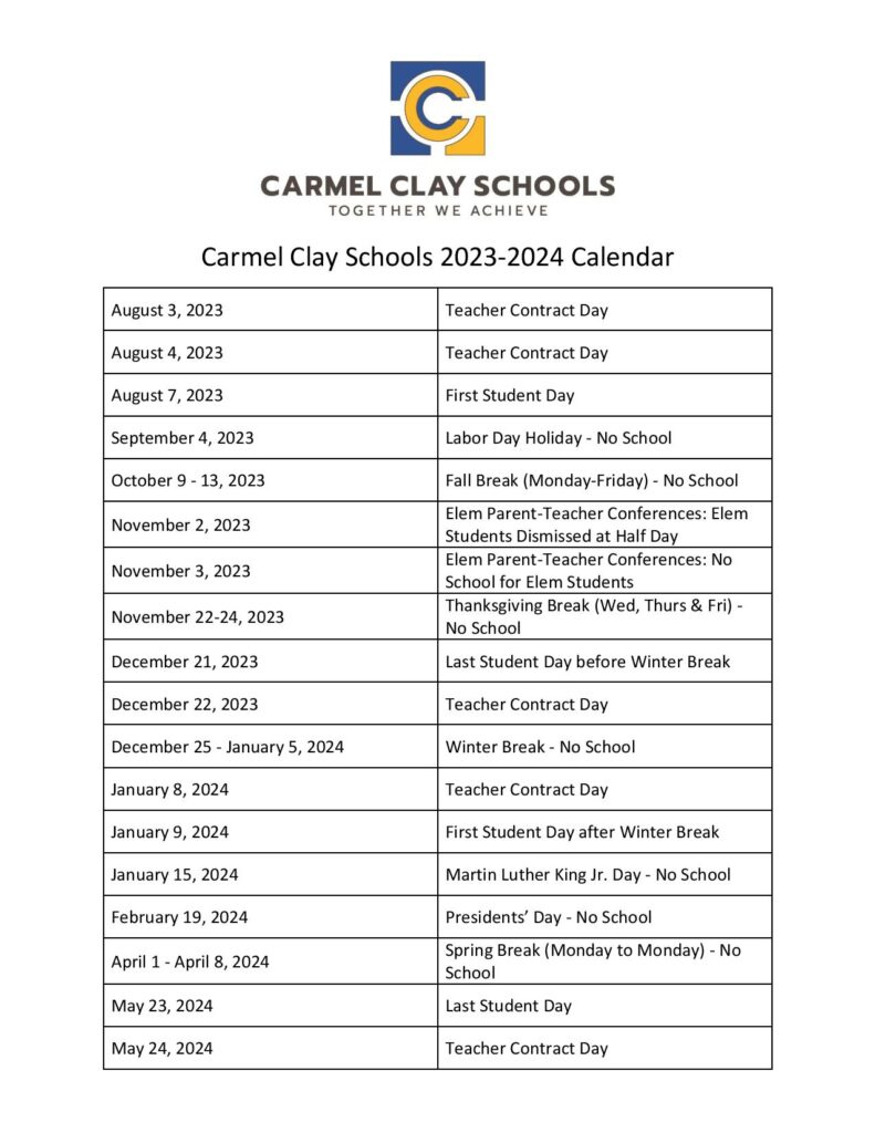 Carmel Clay Schools Calendar 2023 2024 In PDF