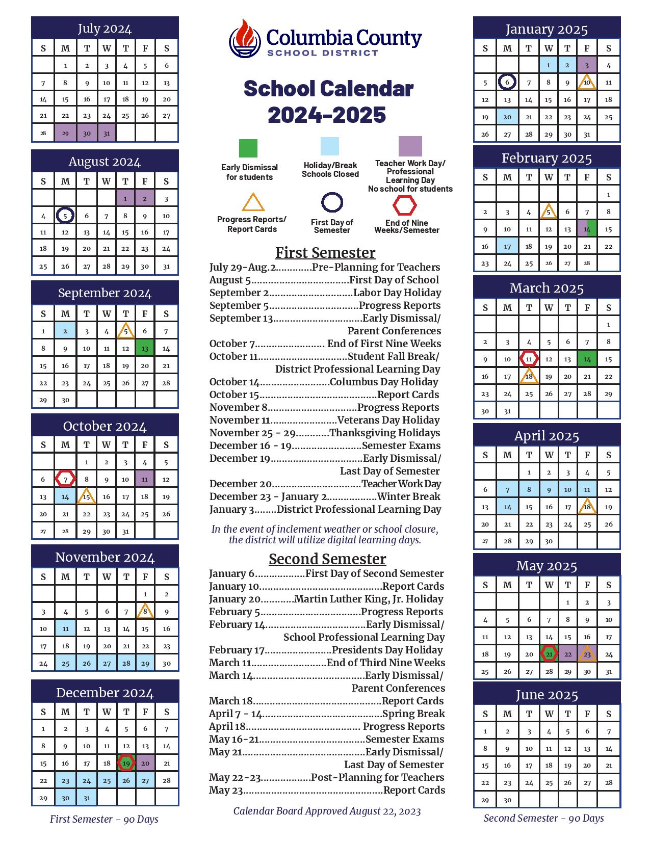 Columbia County School District Calendar 20242025 in PDF