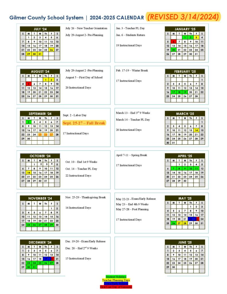 Gilmer County Charter Schools Calendar