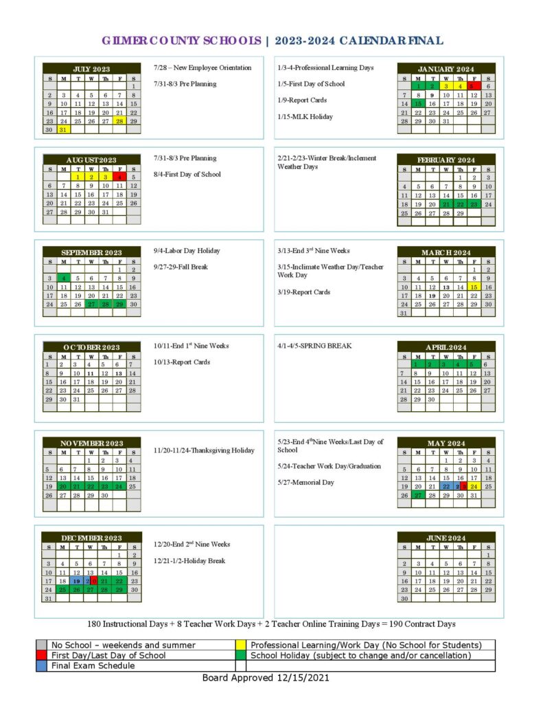 Gilmer County Charter Schools Calendar