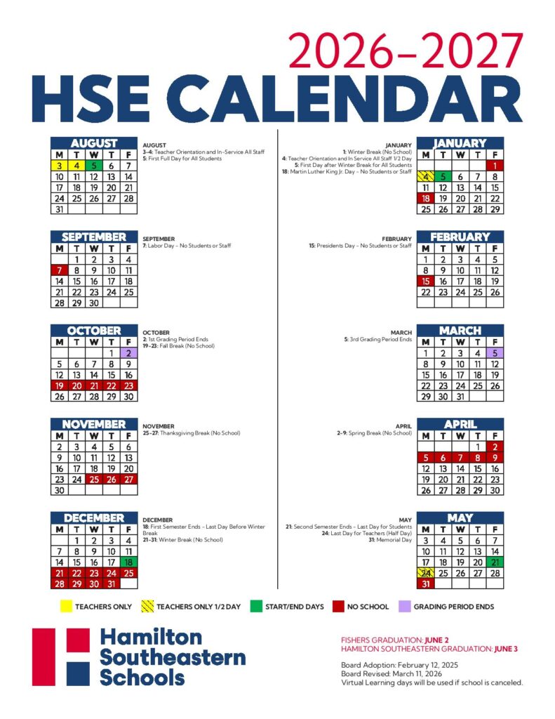  Hamilton Southeastern Schools Calendar 2026-2027