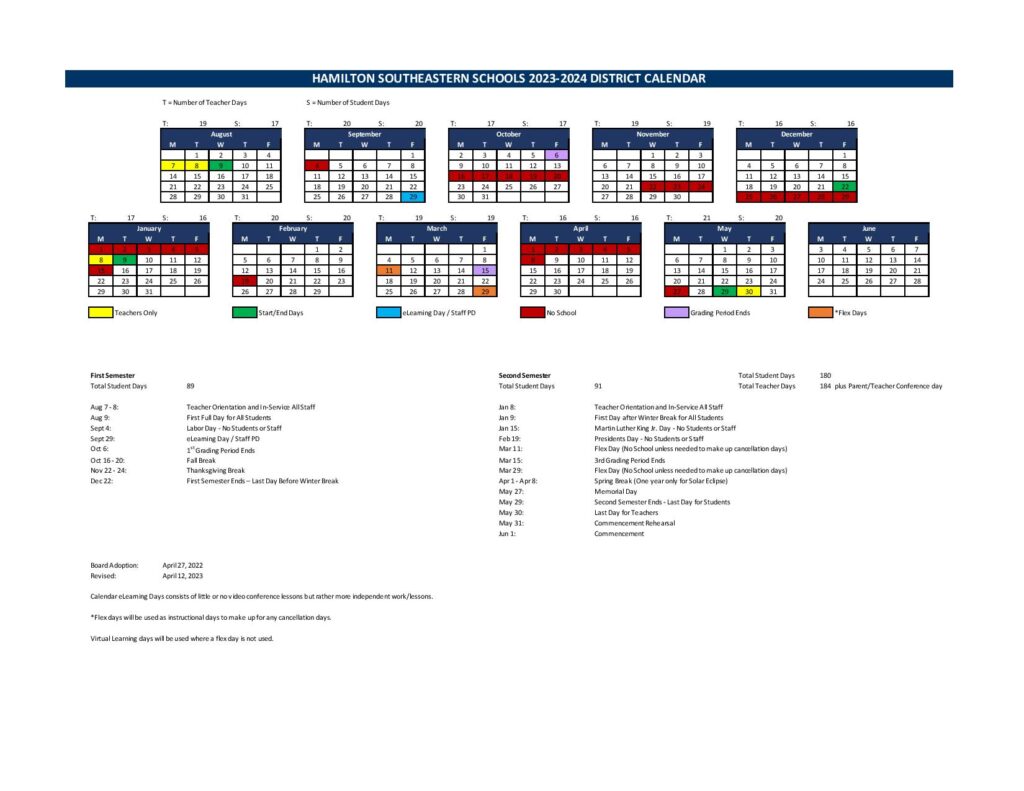 Hamilton Southeastern Schools Calendar 2023-2024 in PDF