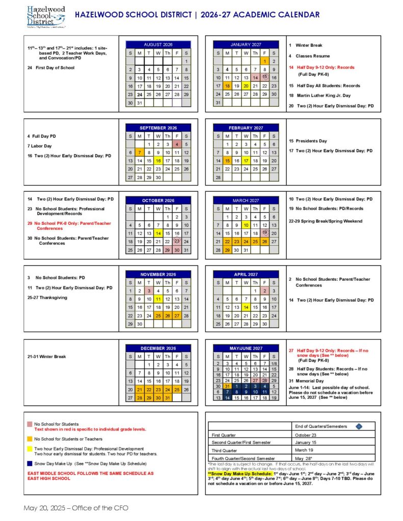 Hazelwood School District Calendar 2026-2027