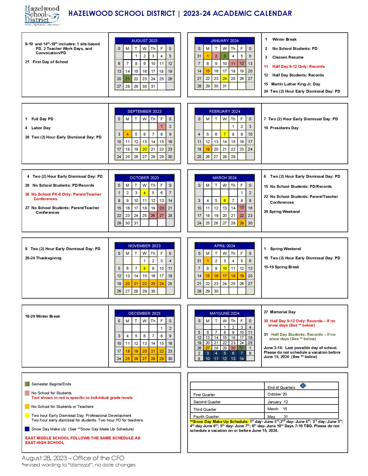 Hazelwood School District Calendar 20232024 in PDF