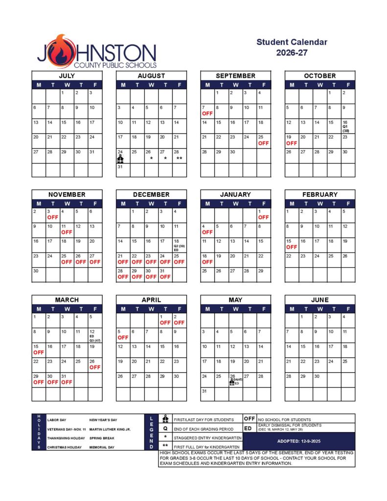 Johnston County Schools Calendar 2026-2027