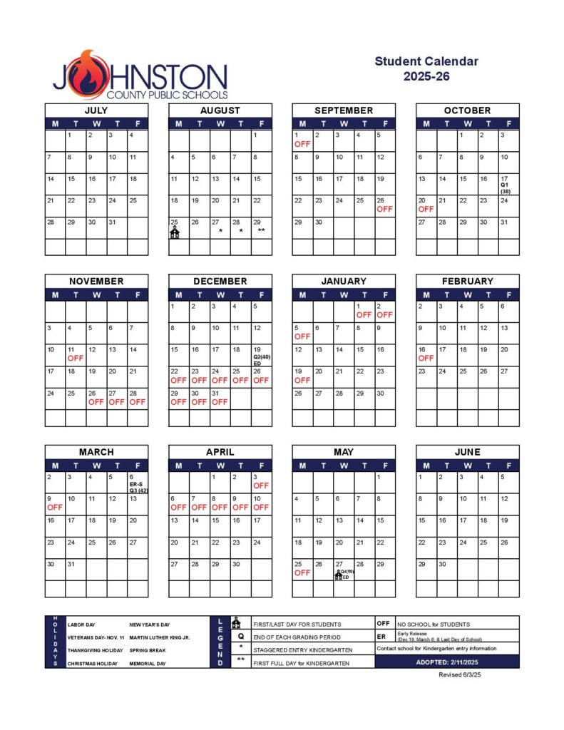 Johnston County Schools Calendar 2025-2026