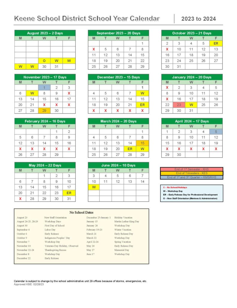 Keene School District Calendar 20232024 in PDF