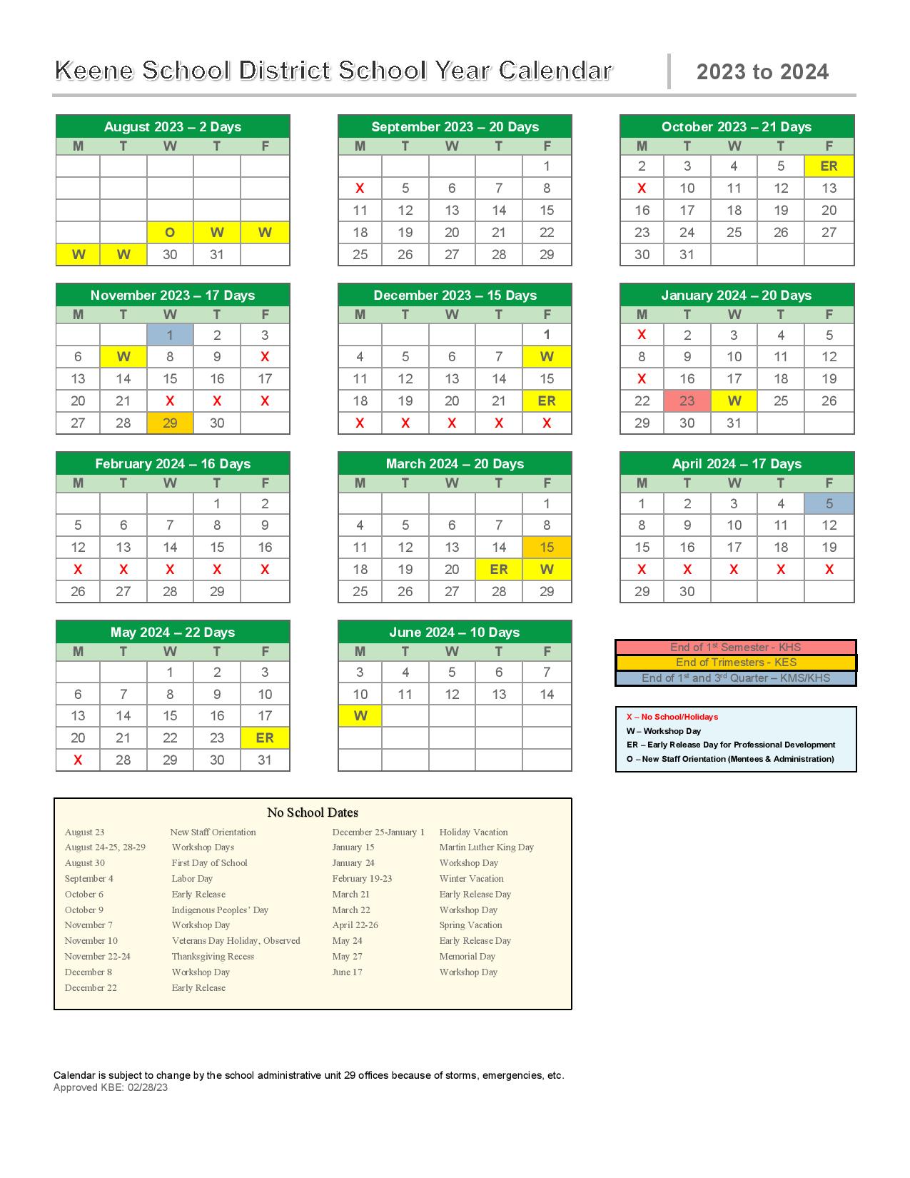 Keene School District Calendar 2023-2024 in PDF