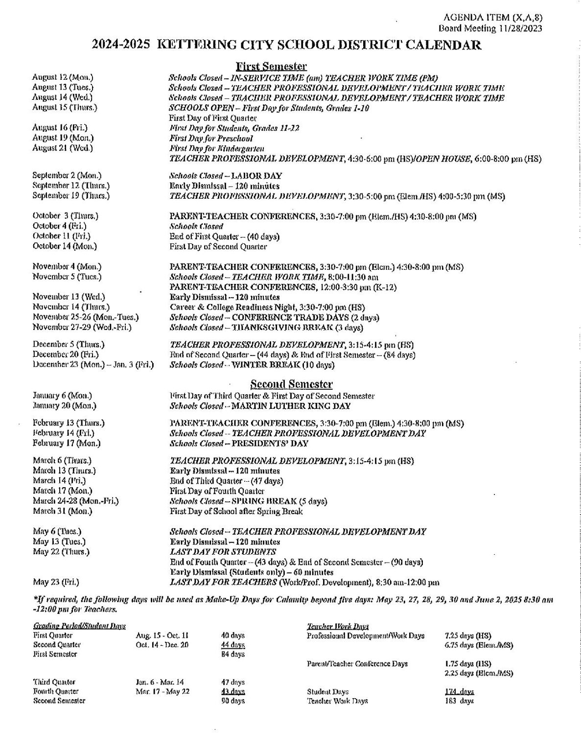 Kettering City School District Calendar 20242025 in PDF