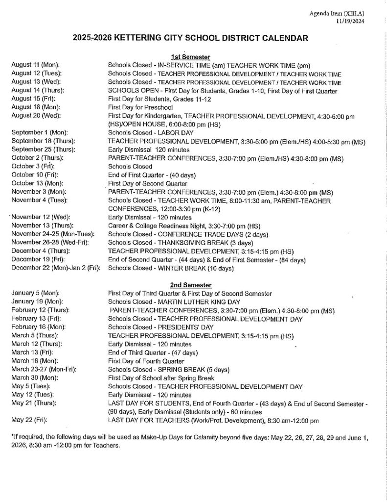 Kettering City School District Calendar 2025-2026