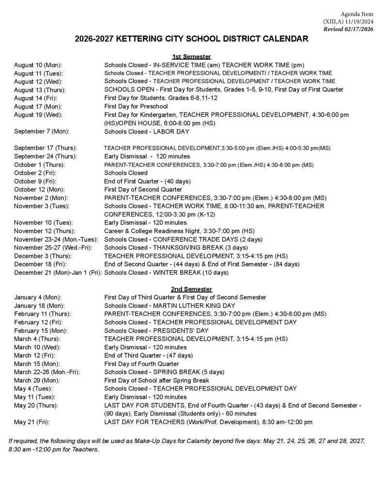 Kettering City School District Calendar 2026-2027
