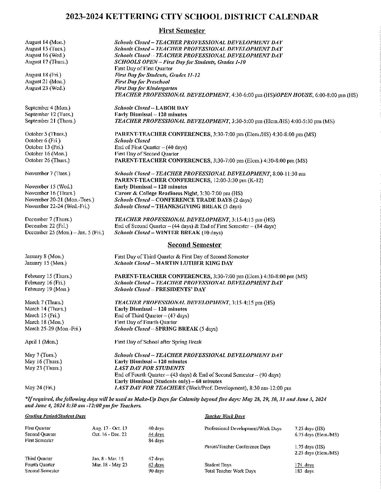 Kettering City School District Calendar 20232024 in PDF