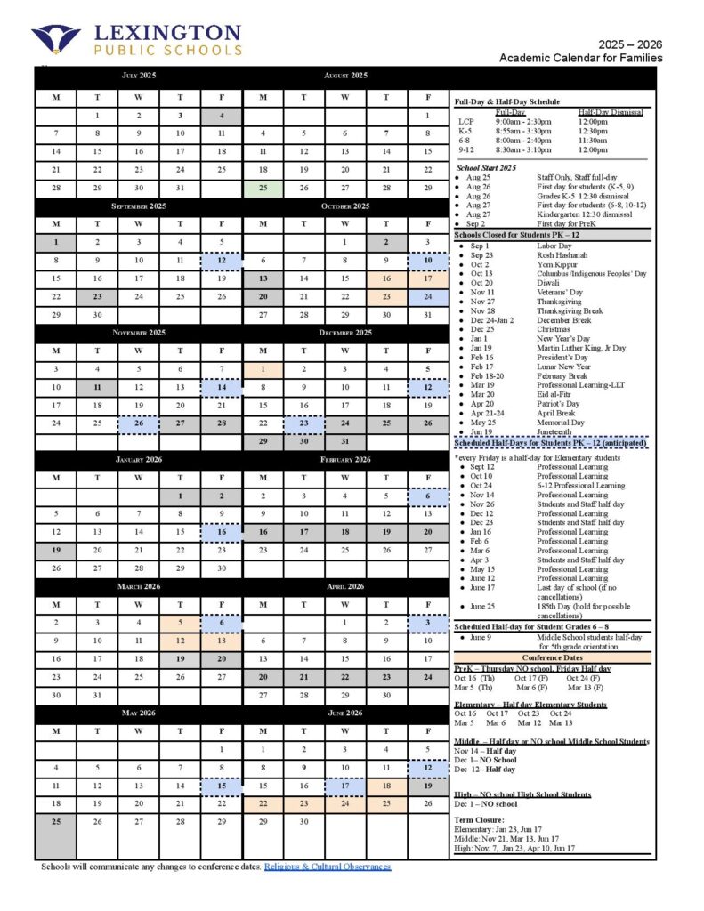 Lexington Public Schools Calendar 2025-2026