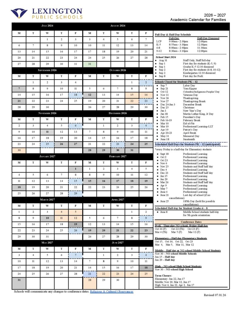 Lexington Public Schools Calendar 2026-2027