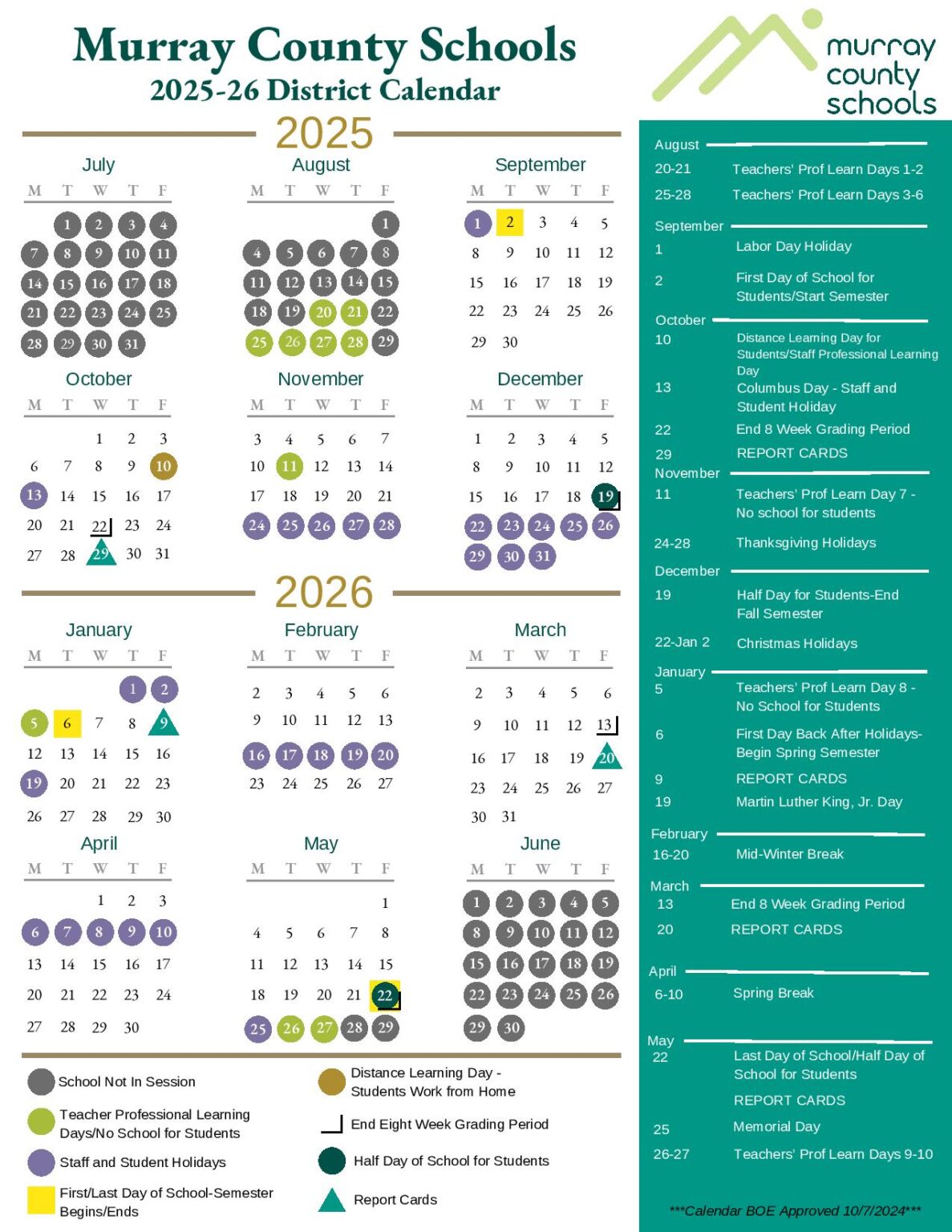 Murray County Schools Calendar 2026-2027 in PDF
