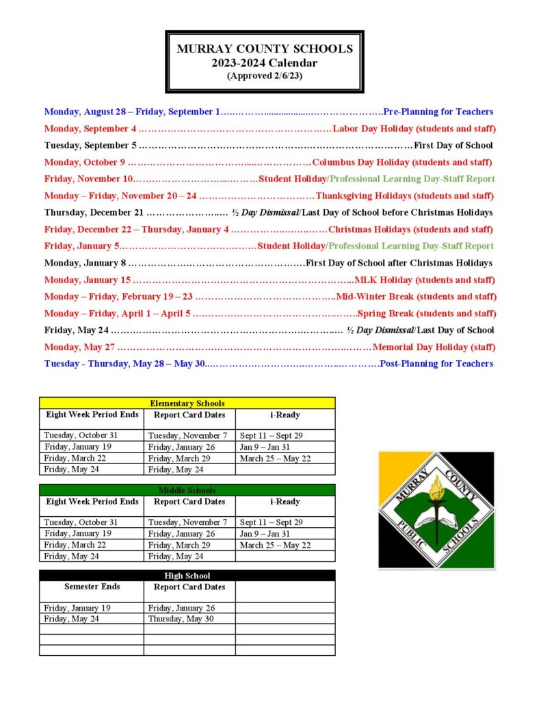 Murray County Schools Calendar 20232024 in PDF