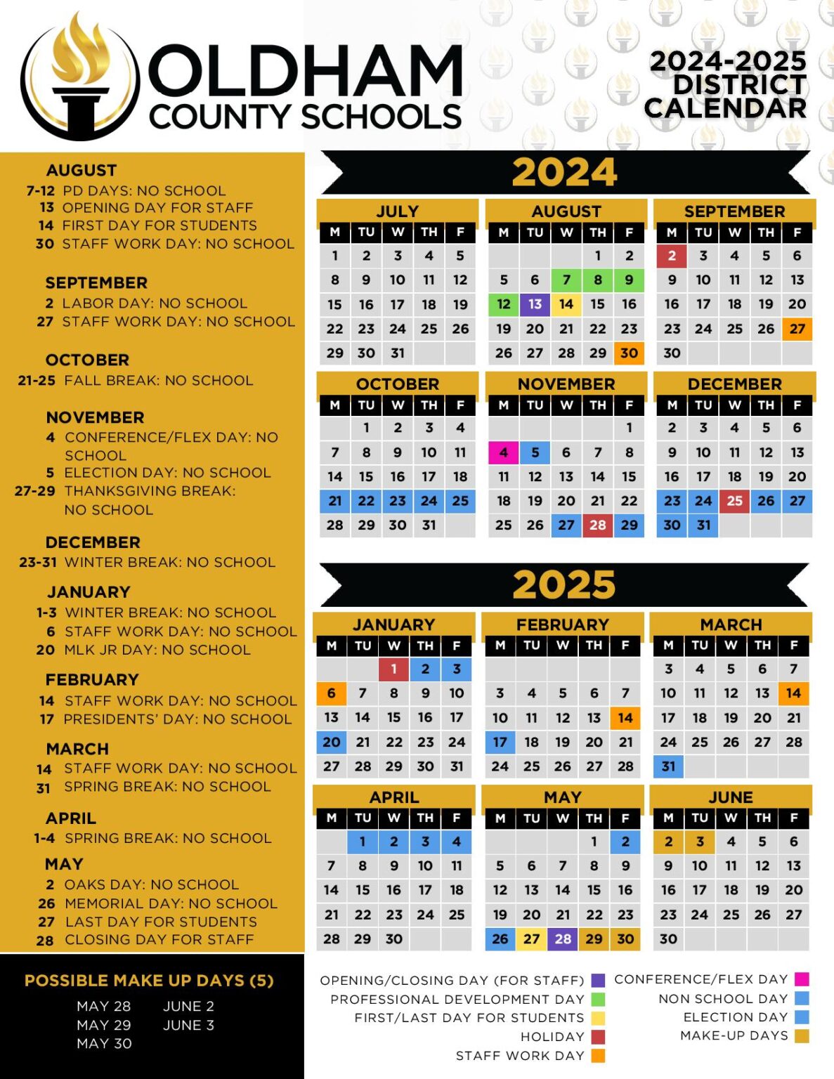 Oldham County Schools Calendar 2024-2025 in PDF