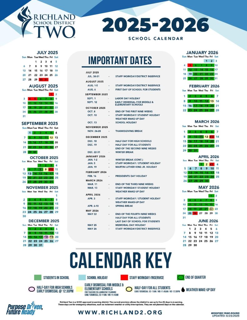 Richland School District 2 Calendar 2025-2026