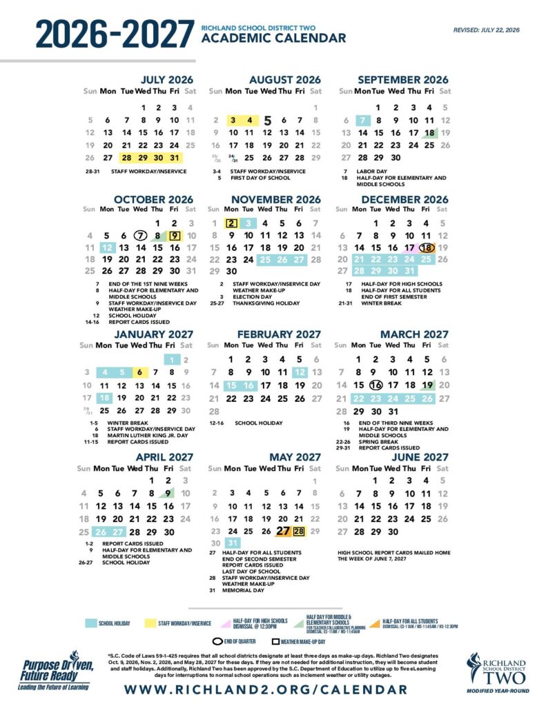 Richland School District 2 Calendar 2026-2027