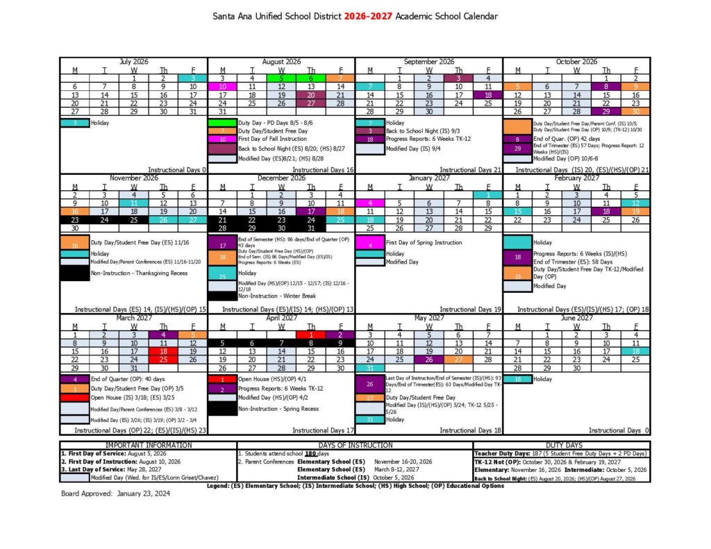 Santa Ana Unified School District Calendar 2026-2027