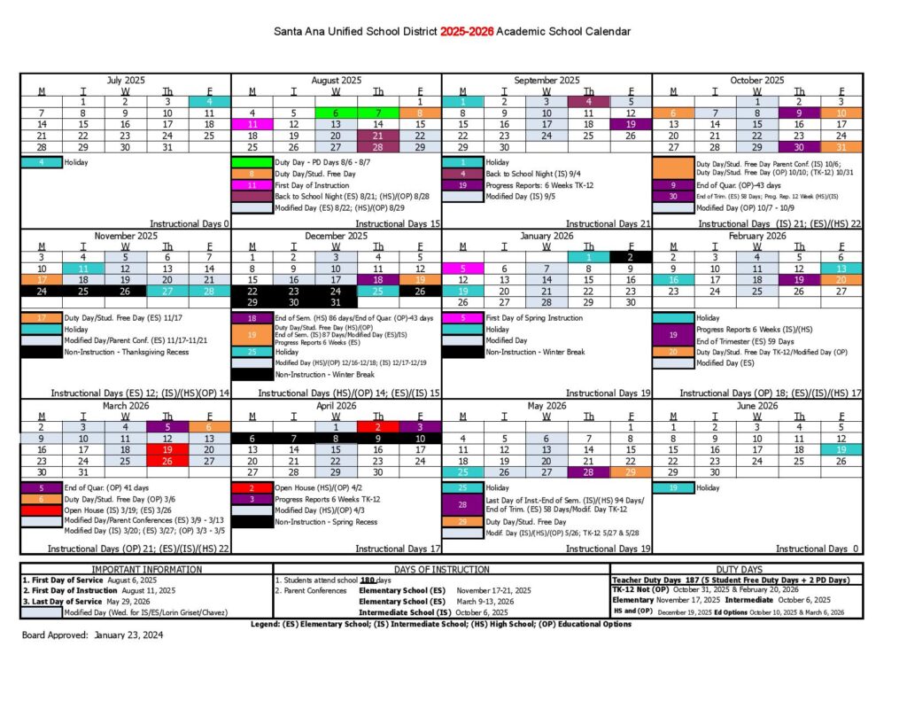 Santa Ana Unified School District Calendar 2025-2026
