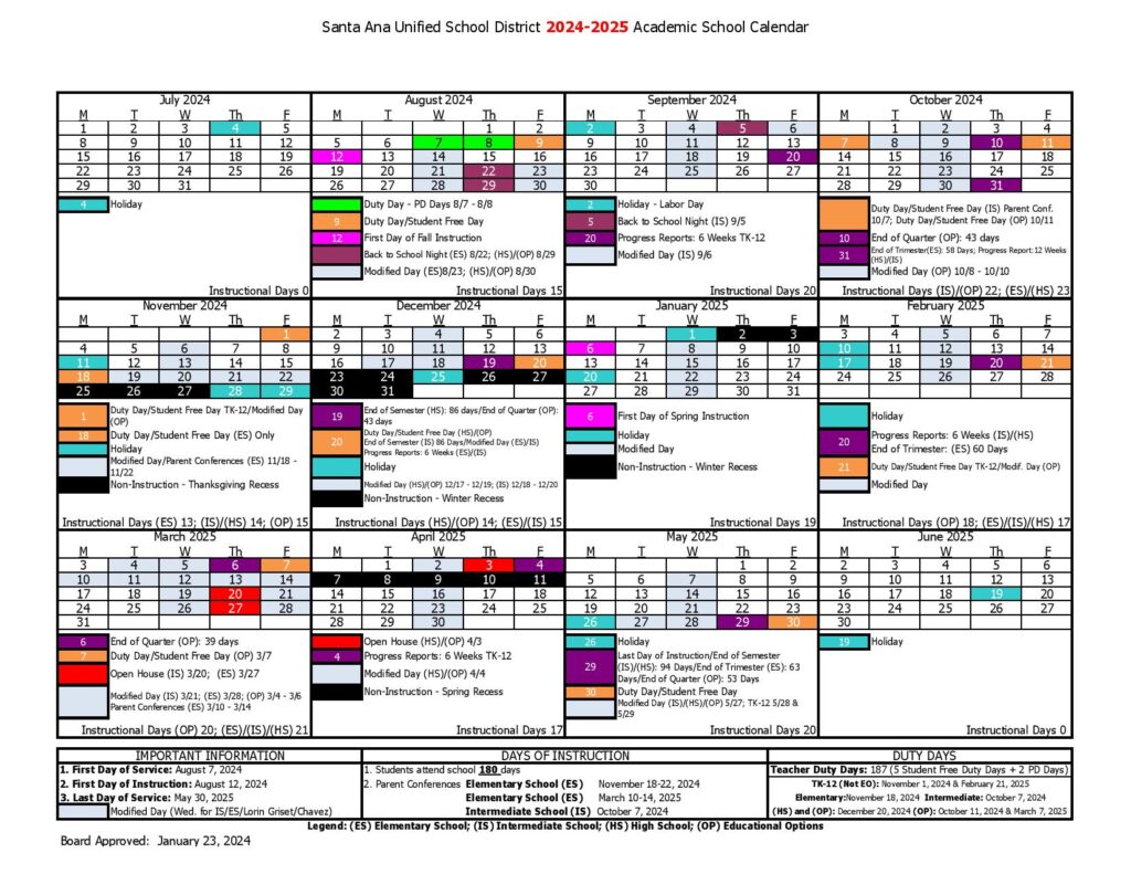 Santa Ana Unified School District Calendar