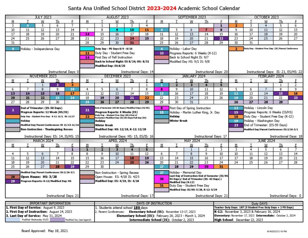 Santa Ana Unified School District Calendar