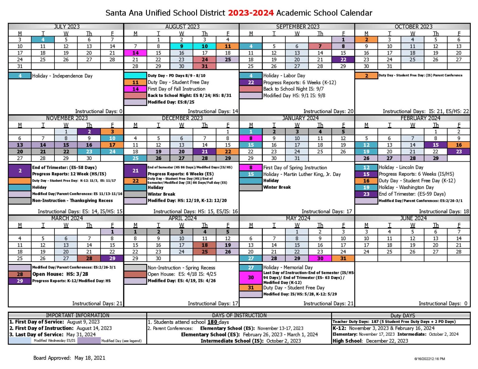 Santa Ana Unified School District Calendar 2023-2024 in PDF