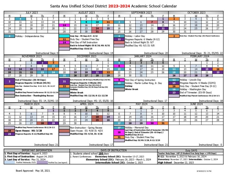 Santa Ana Unified School District Calendar 20232024 in PDF School