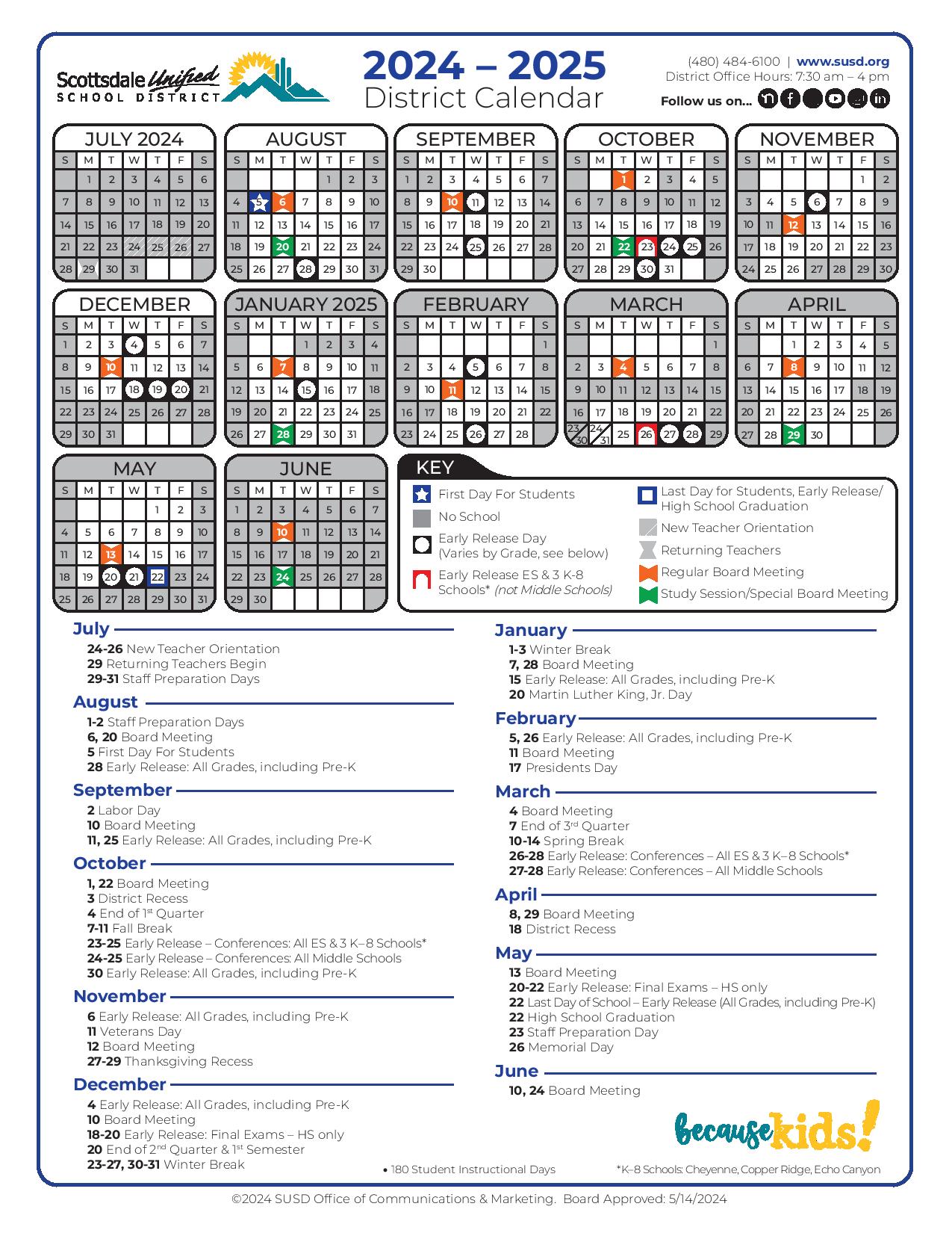 Scottsdale Unified School District Calendar 20242025 in PDF