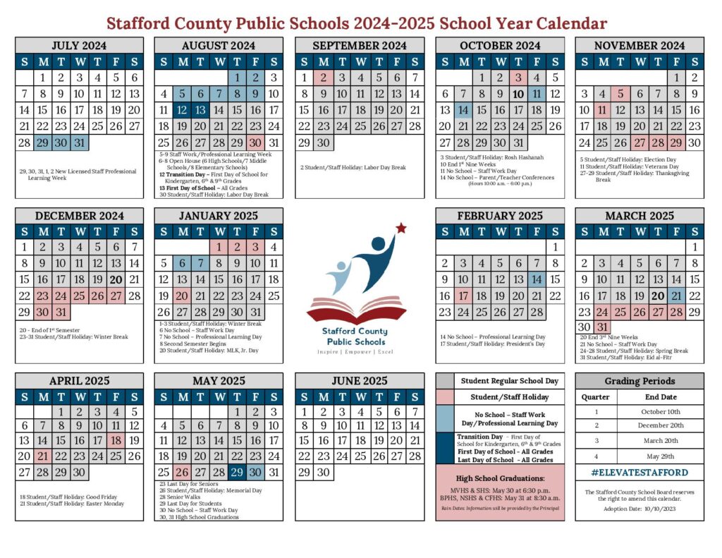 Stafford County Public Schools Calendar 2024-2025 in PDF